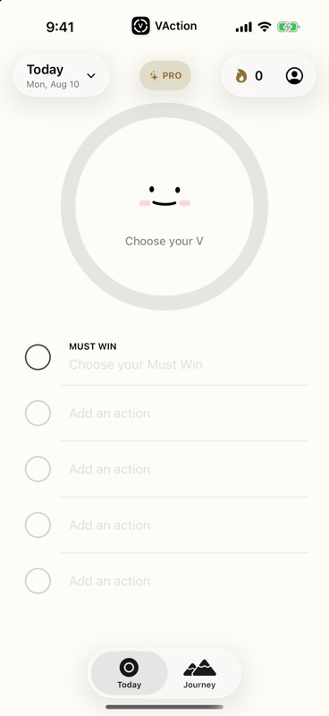 V Actions Today screen